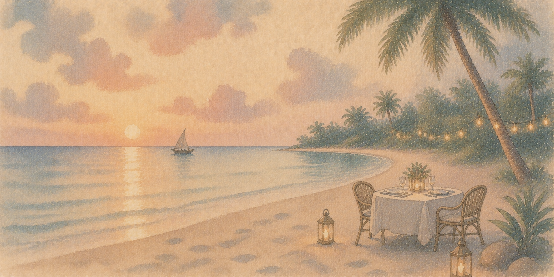 Dîner romantique sur la plage au coucher du soleil