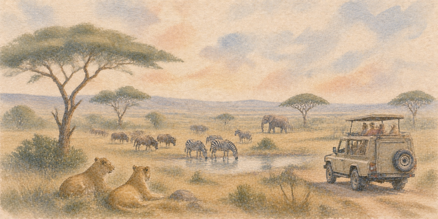 Safari au Serengeti, lions et zèbres au point d'eau